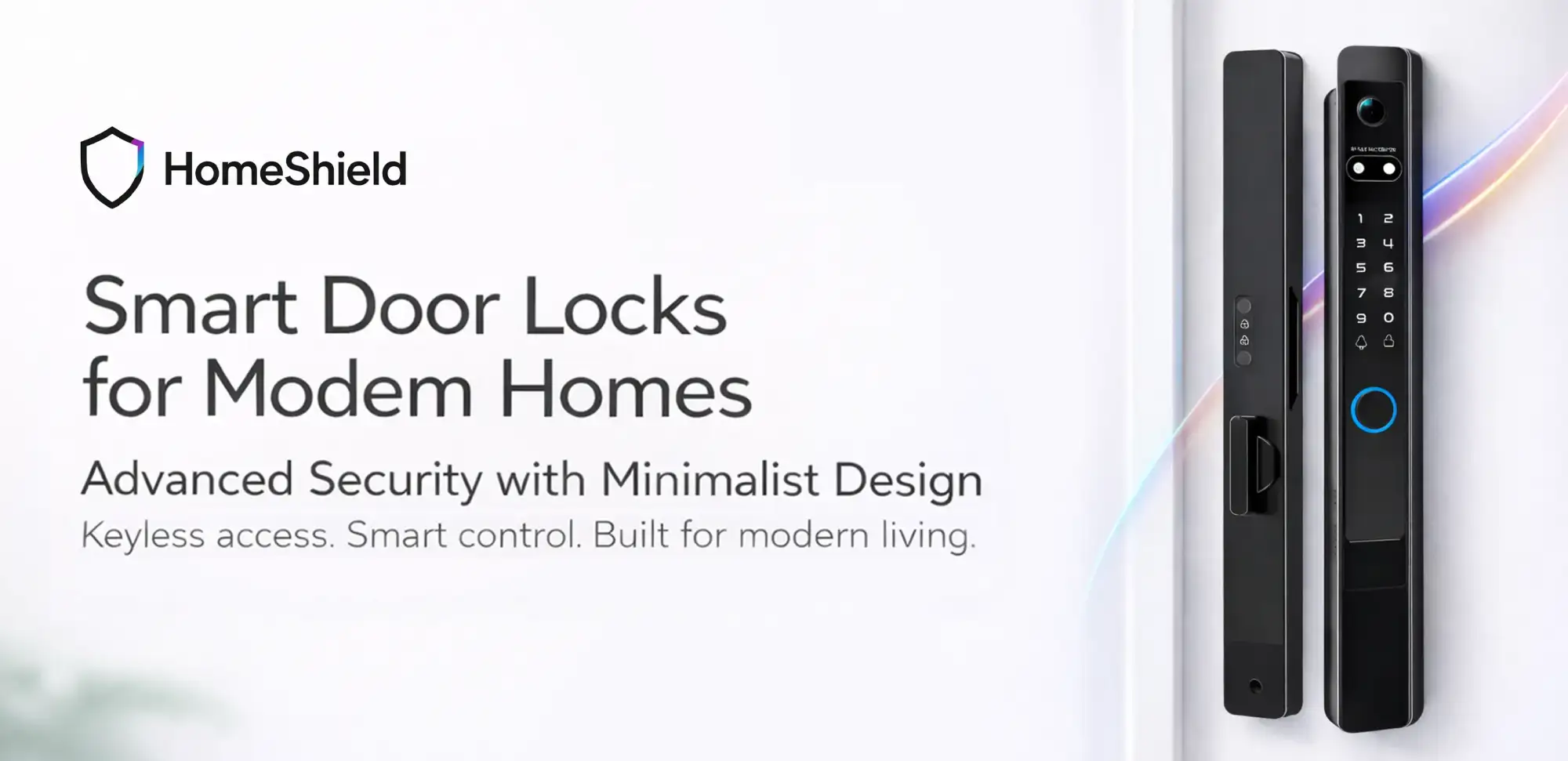 Black homeshield smart door lock with a sleek minimalist design, featuring a digital keypad and fingerprint sensor for keyless access.