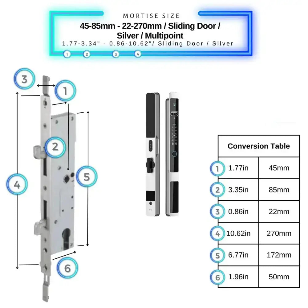 Next Gen Smart Lock - Silver / 45-85mm (22x270mm) Sliding Door Multipoint - Smart Lock