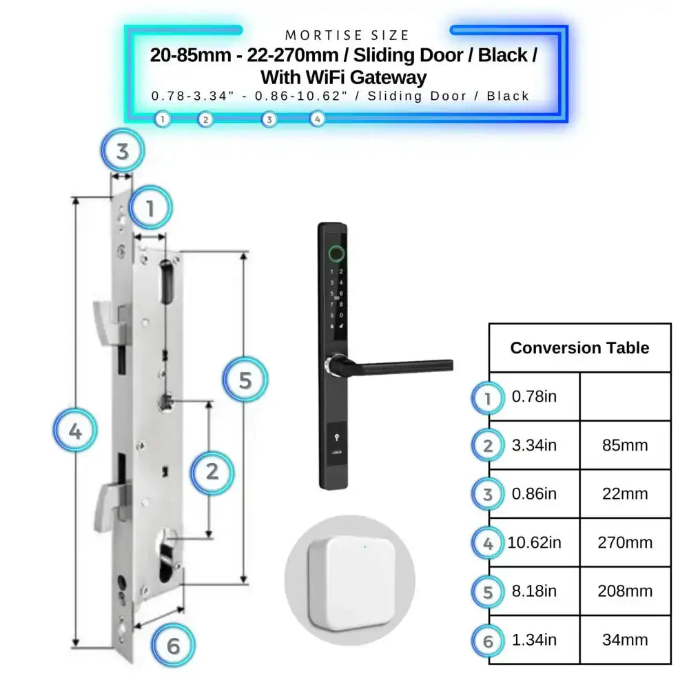 Sliding Door Smart Door Lock - 20-85mm (22x270mm) Sliding Door / Black / With WiFi Gateway - Smart Lock