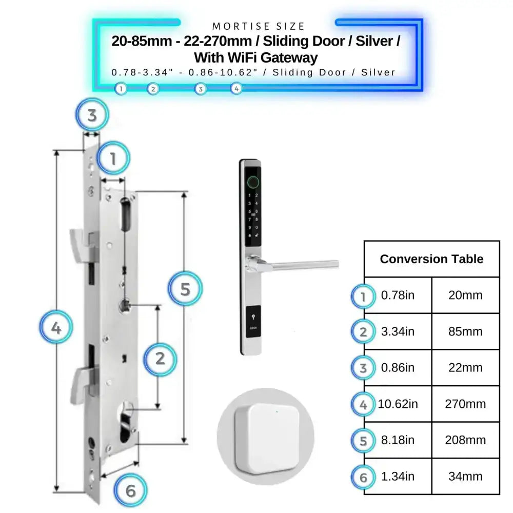 Sliding Door Smart Door Lock - 20-85mm (22x270mm) Sliding Door / Silver / With WiFi Gateway - Smart Lock