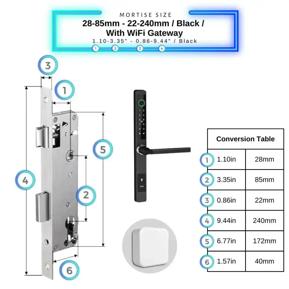 Sliding Door Smart Door Lock - 28-85mm (22x240mm) / Black / With WiFi Gateway - Smart Lock