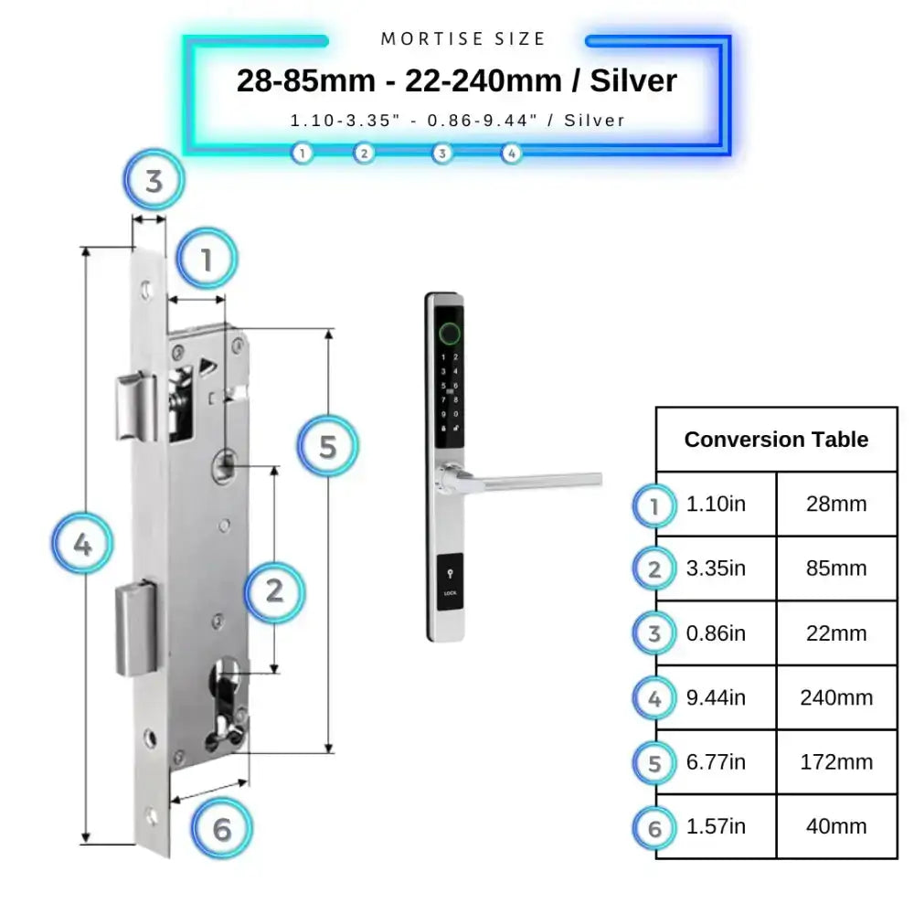 Sliding Door Smart Door Lock - 28-85mm (22x240mm) / Silver / No WiFi Gateway - Smart Lock