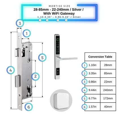 Sliding Door Smart Door Lock - 28-85mm (22x240mm) / Silver / With WiFi Gateway - Smart Lock