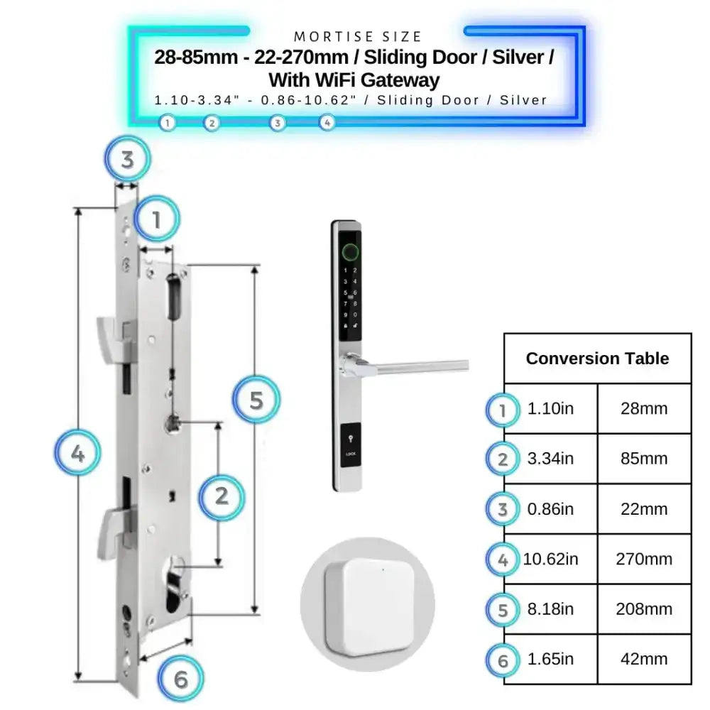 Sliding Door Smart Door Lock - 28-85mm (22x270mm) Sliding Door / Silver / With WiFi Gateway - Smart Lock