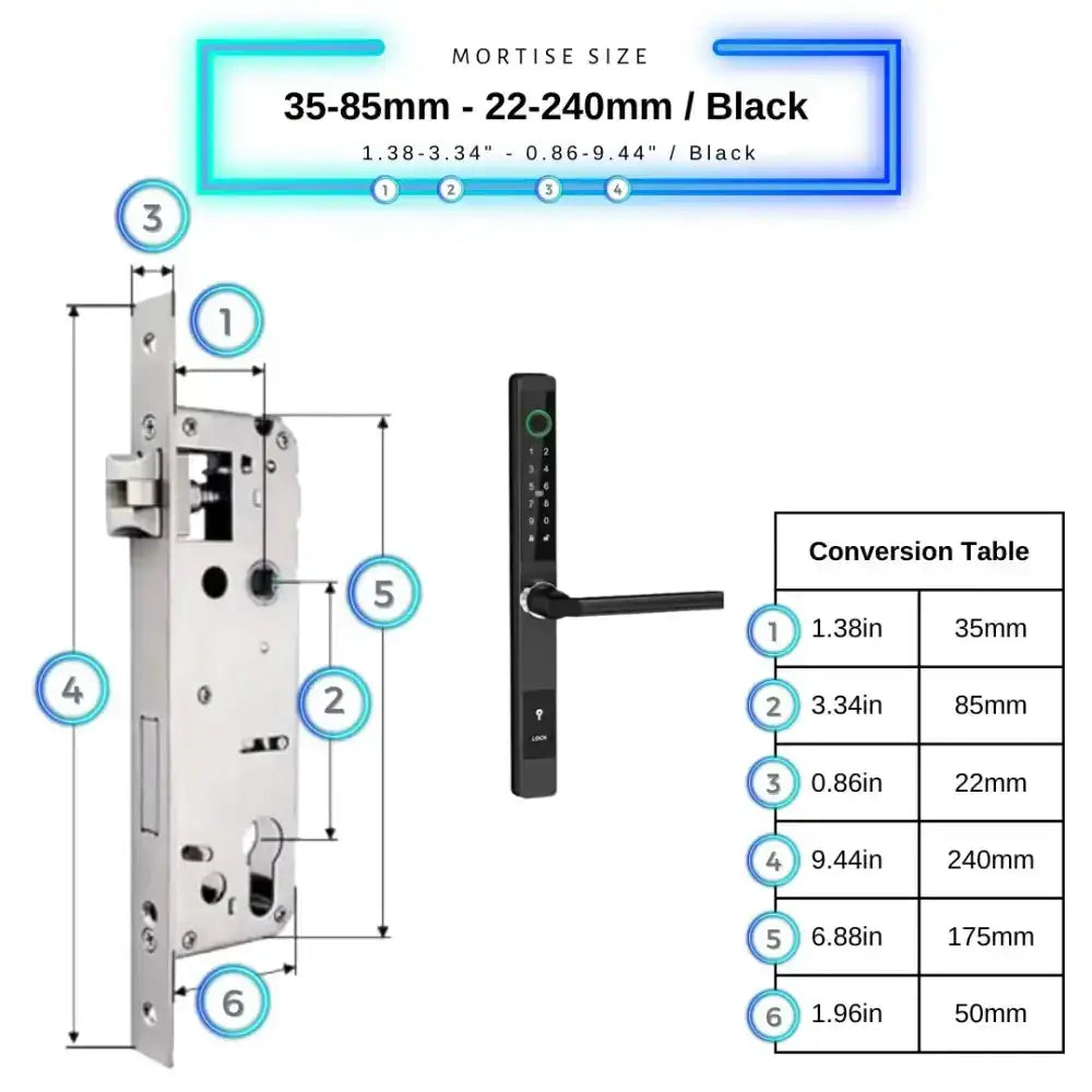 Sliding Door Smart Door Lock - 35-85mm (22x240mm) / Black / No WiFi Gateway - Smart Lock