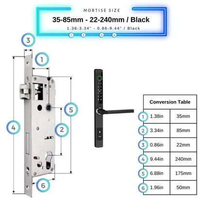 Sliding Door Smart Door Lock - 35-85mm (22x240mm) / Black / No WiFi Gateway - Smart Lock