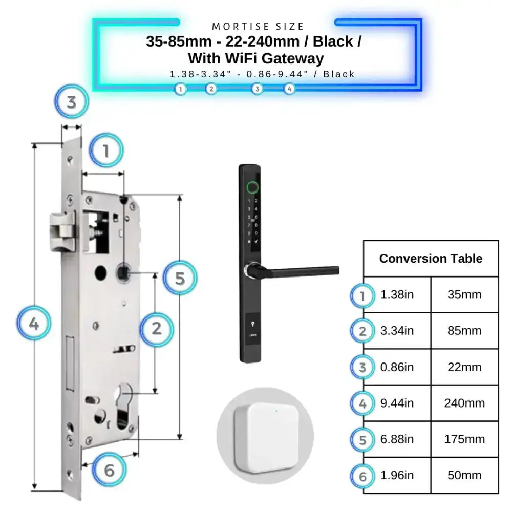 Sliding Door Smart Door Lock - 35-85mm (22x240mm) / Black / With WiFi Gateway - Smart Lock