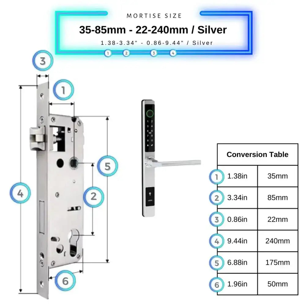 Sliding Door Smart Door Lock - 35-85mm (22x240mm) / Silver / No WiFi Gateway - Smart Lock