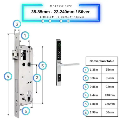 Sliding Door Smart Door Lock - 35-85mm (22x240mm) / Silver / No WiFi Gateway - Smart Lock