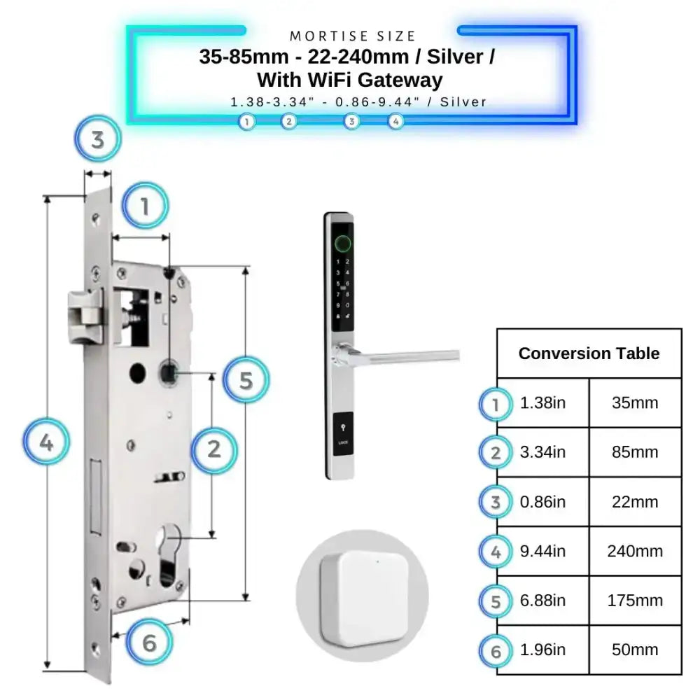 Sliding Door Smart Door Lock - 35-85mm (22x240mm) / Silver / With WiFi Gateway - Smart Lock