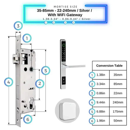 Sliding Door Smart Door Lock - 35-85mm (22x240mm) / Silver / With WiFi Gateway - Smart Lock