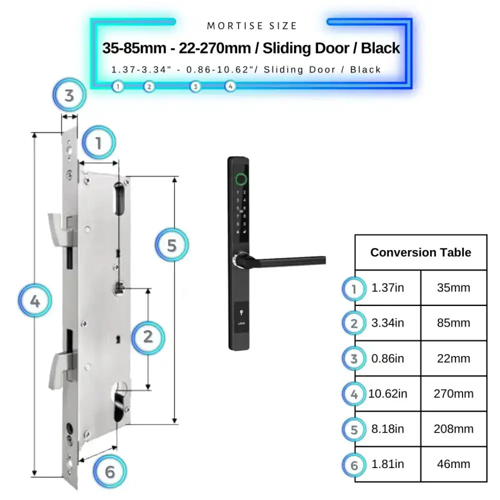 Sliding Door Smart Door Lock - 35-85mm (22x270mm) Sliding Door / Black / No WiFi Gateway - Smart Lock