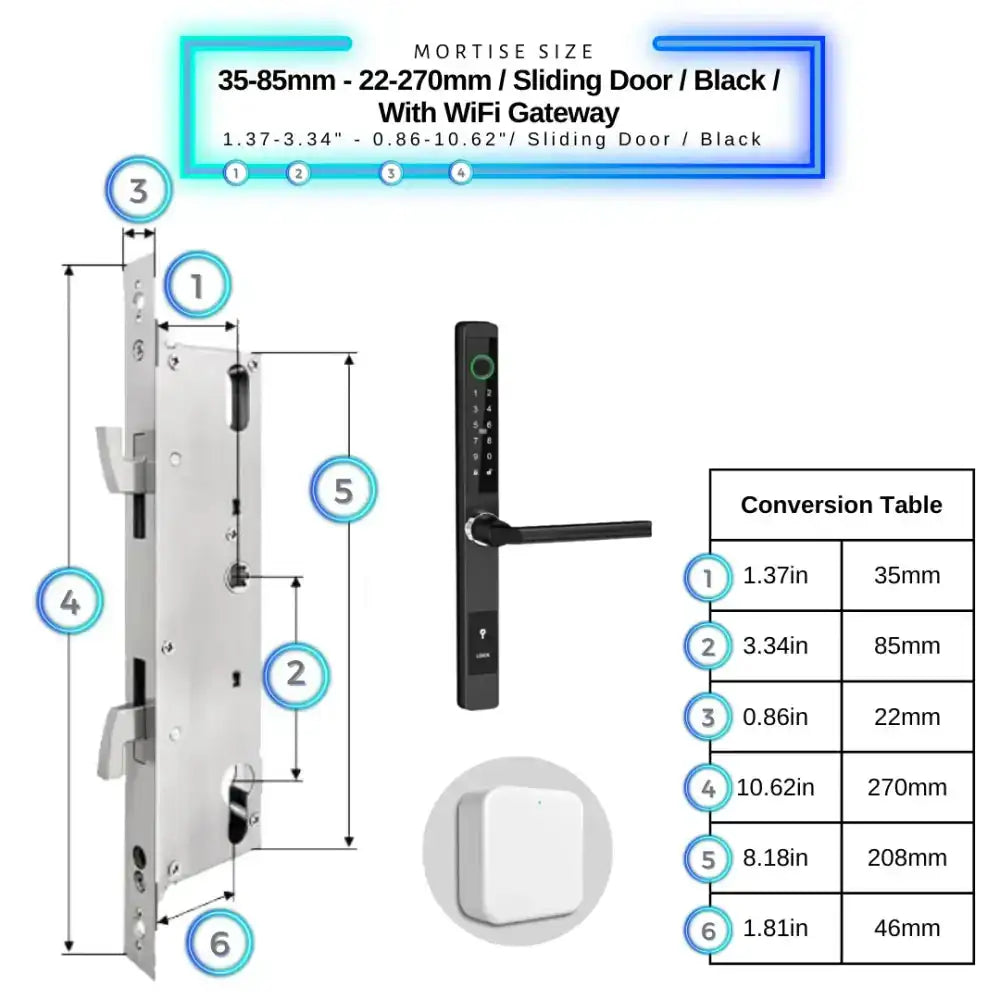 Sliding Door Smart Door Lock - 35-85mm (22x270mm) Sliding Door / Black / With WiFi Gateway - Smart Lock