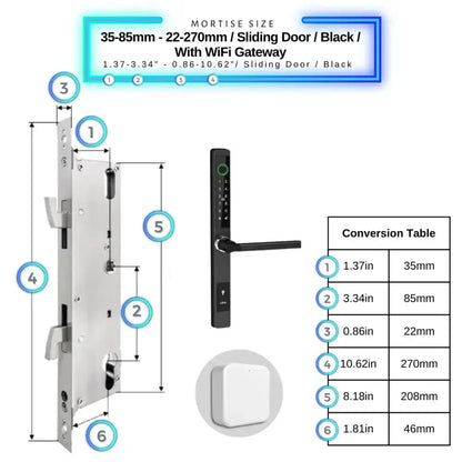 Sliding Door Smart Door Lock - 35-85mm (22x270mm) Sliding Door / Black / With WiFi Gateway - Smart Lock