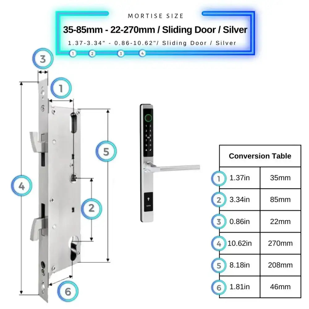 Sliding Door Smart Door Lock - 35-85mm (22x270mm) Sliding Door / Silver / No WiFi Gateway - Smart Lock