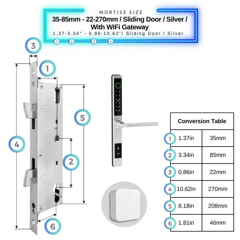 Sliding Door Smart Door Lock - 35-85mm (22x270mm) Sliding Door / Silver / With WiFi Gateway - Smart Lock