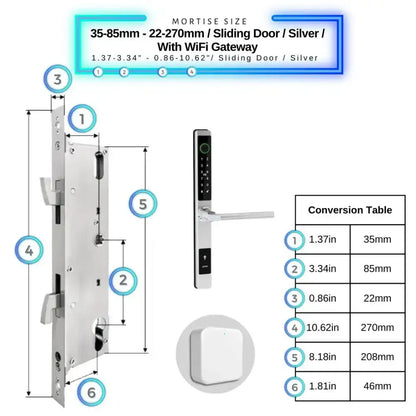 Sliding Door Smart Door Lock - 35-85mm (22x270mm) Sliding Door / Silver / With WiFi Gateway - Smart Lock