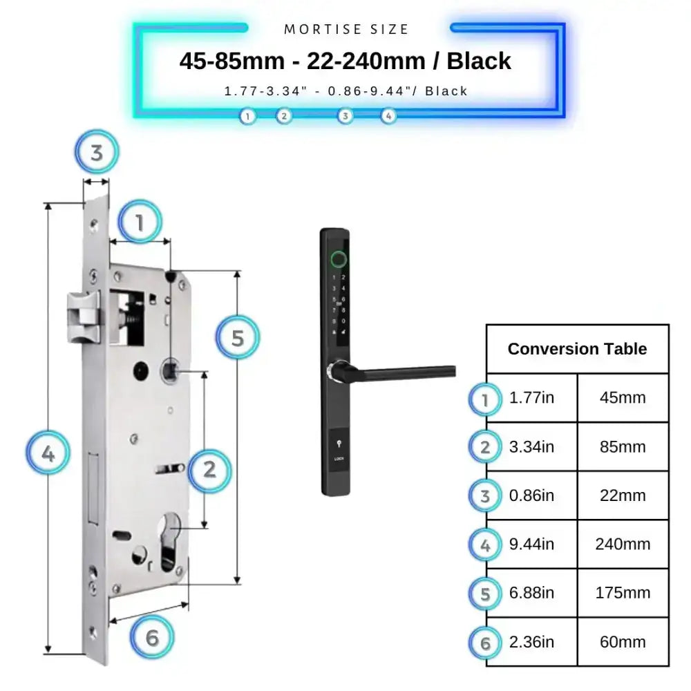Sliding Door Smart Door Lock - 45-85mm (22x240mm) / Black / No WiFi Gateway - Smart Lock