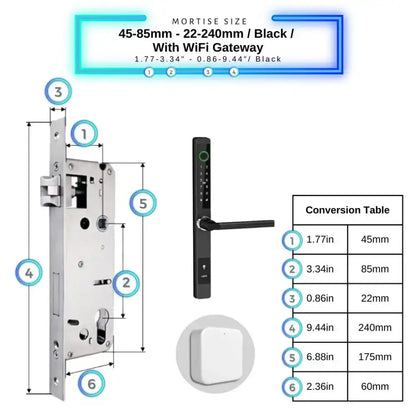 Sliding Door Smart Door Lock - 45-85mm (22x240mm) / Black / With WiFi Gateway - Smart Lock