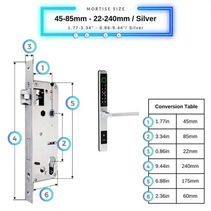 Sliding Door Smart Door Lock - 45-85mm (22x240mm) / Silver / No WiFi Gateway - Smart Lock