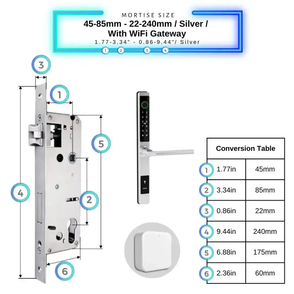 Sliding Door Smart Door Lock - 45-85mm (22x240mm) / Silver / With WiFi Gateway - Smart Lock