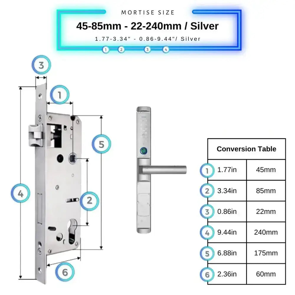 Sliding Door Smart Lock - 45-85mm (22x240mm) Swing Door / Silver - Smart Lock