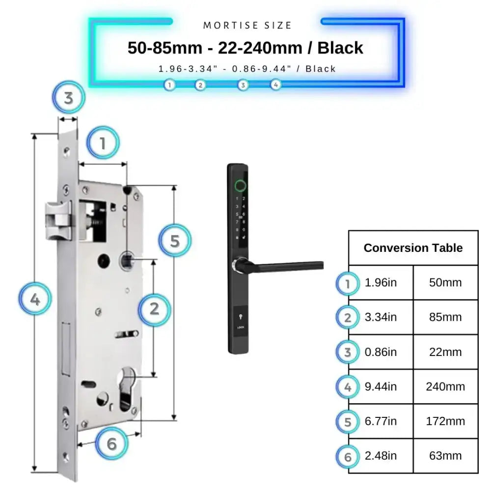Sliding Door Smart Door Lock - 50-85mm (22x240mm) / Black / No WiFi Gateway - Smart Lock