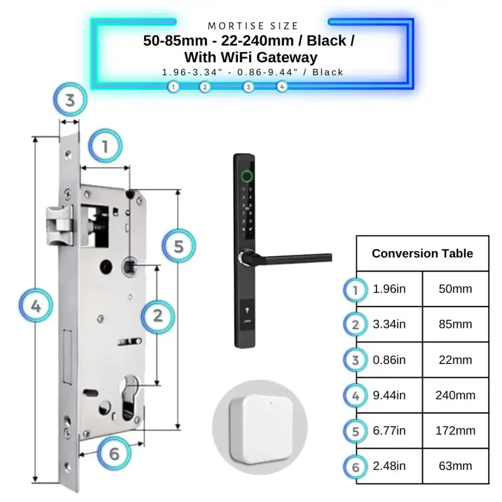 Sliding Door Smart Door Lock - 50-85mm (22x240mm) / Black / With WiFi Gateway - Smart Lock