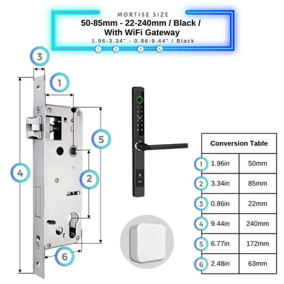Sliding Door Smart Door Lock - 50-85mm (22x240mm) / Black / With WiFi Gateway - Smart Lock