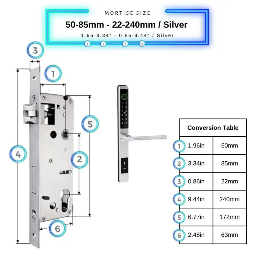 Sliding Door Smart Door Lock - 50-85mm (22x240mm) / Silver / No WiFi Gateway - Smart Lock