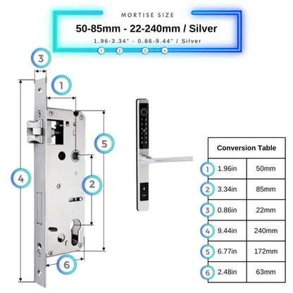 Sliding Door Smart Door Lock - 50-85mm (22x240mm) / Silver / No WiFi Gateway - Smart Lock
