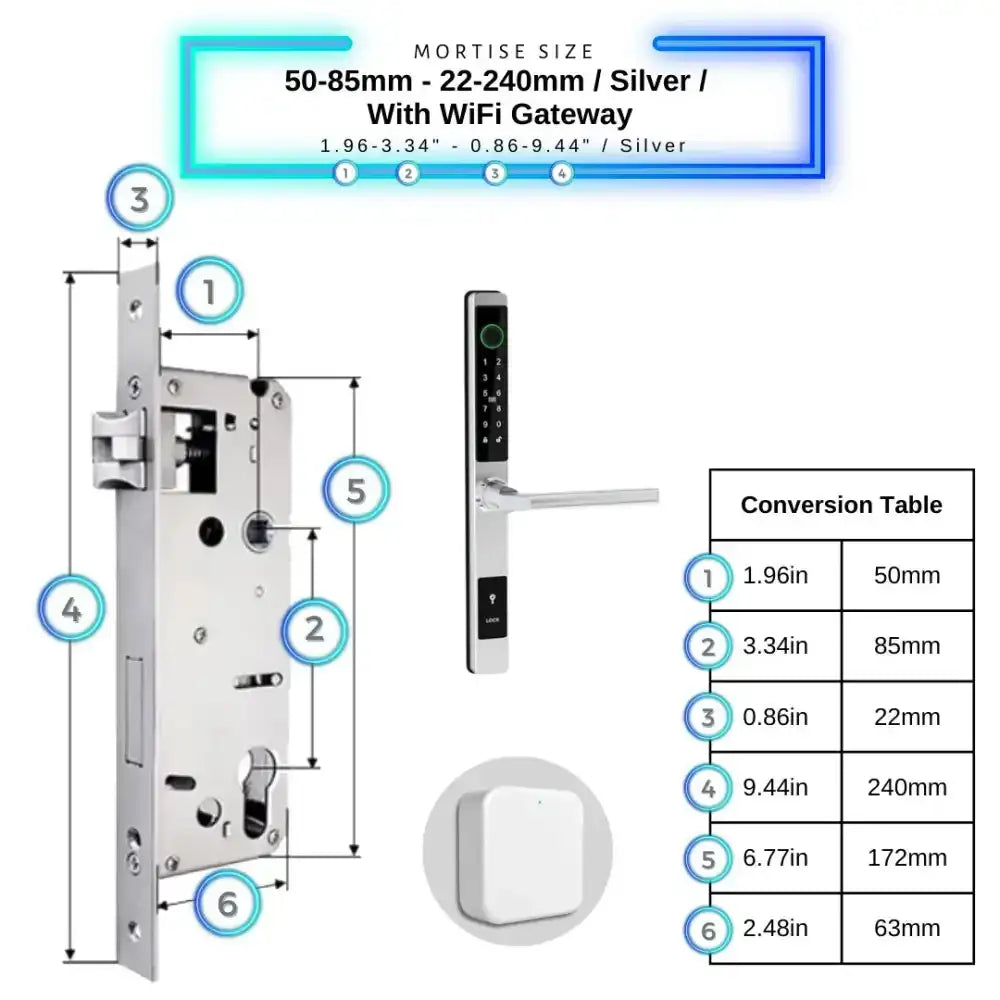 Sliding Door Smart Door Lock - 50-85mm (22x240mm) / Silver / With WiFi Gateway - Smart Lock