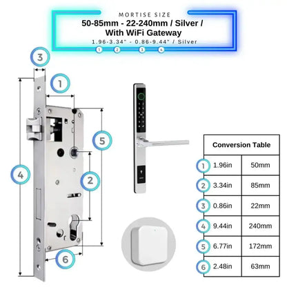 Sliding Door Smart Door Lock - 50-85mm (22x240mm) / Silver / With WiFi Gateway - Smart Lock