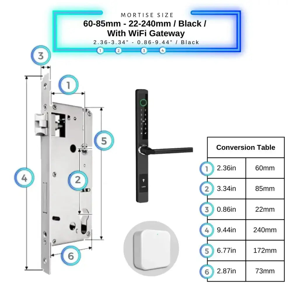 Sliding Door Smart Door Lock - 60-85mm (22x240mm) / Black / With WiFi Gateway - Smart Lock