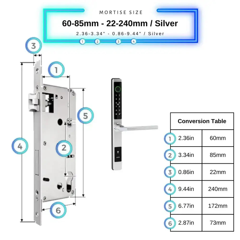Sliding Door Smart Door Lock - 60-85mm (22x240mm) / Silver / No WiFi Gateway - Smart Lock