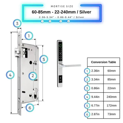 Sliding Door Smart Door Lock - 60-85mm (22x240mm) / Silver / No WiFi Gateway - Smart Lock