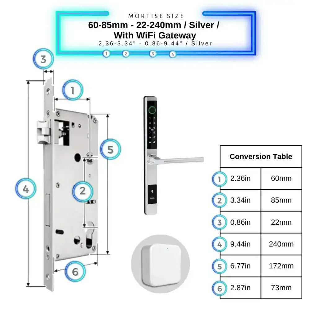 Sliding Door Smart Door Lock - 60-85mm (22x240mm) / Silver / With WiFi Gateway - Smart Lock