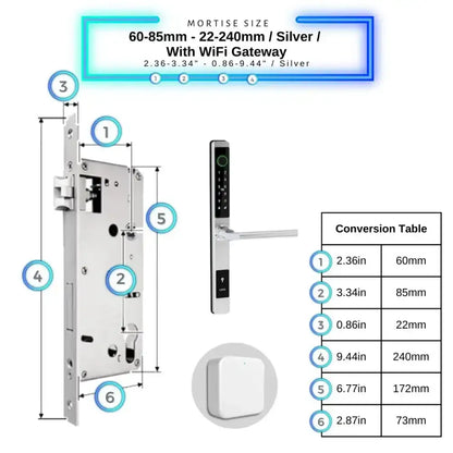 Sliding Door Smart Door Lock - 60-85mm (22x240mm) / Silver / With WiFi Gateway - Smart Lock
