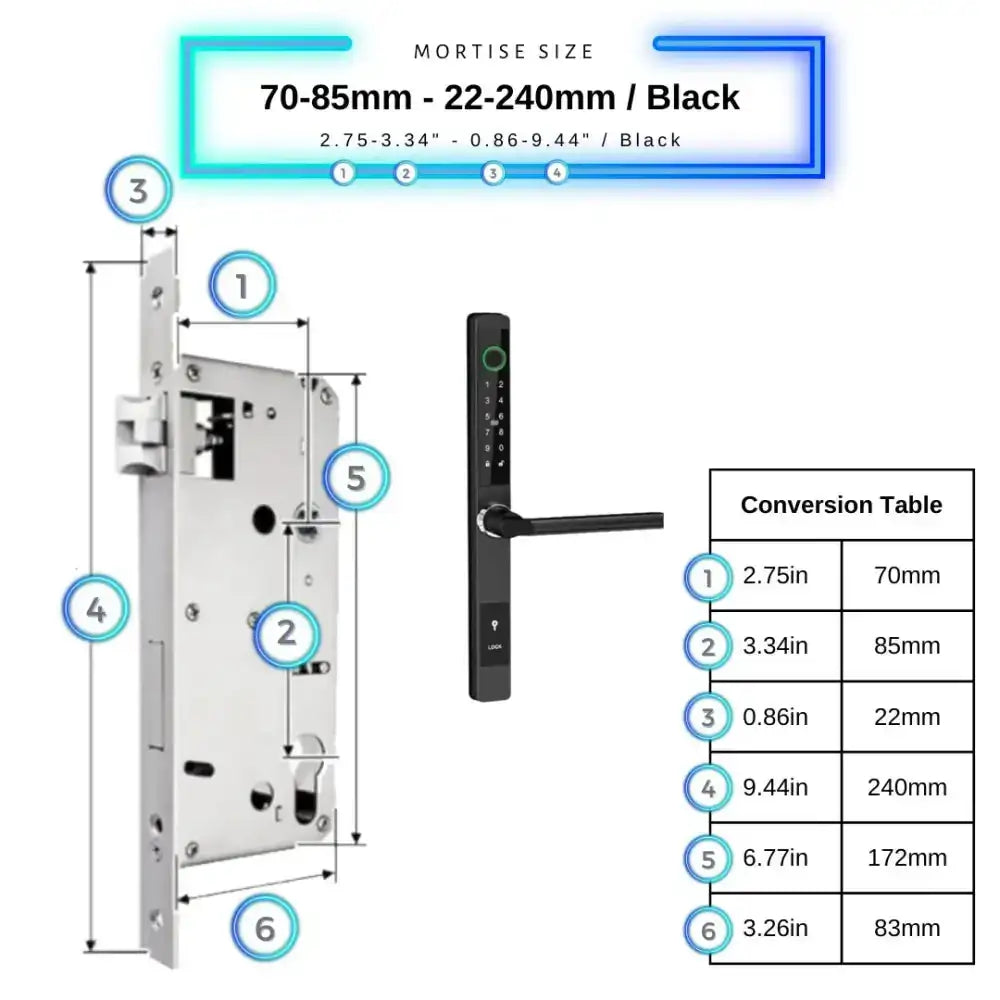 Sliding Door Smart Door Lock - 70-85mm (22x240mm) / Black / No WiFi Gateway - Smart Lock
