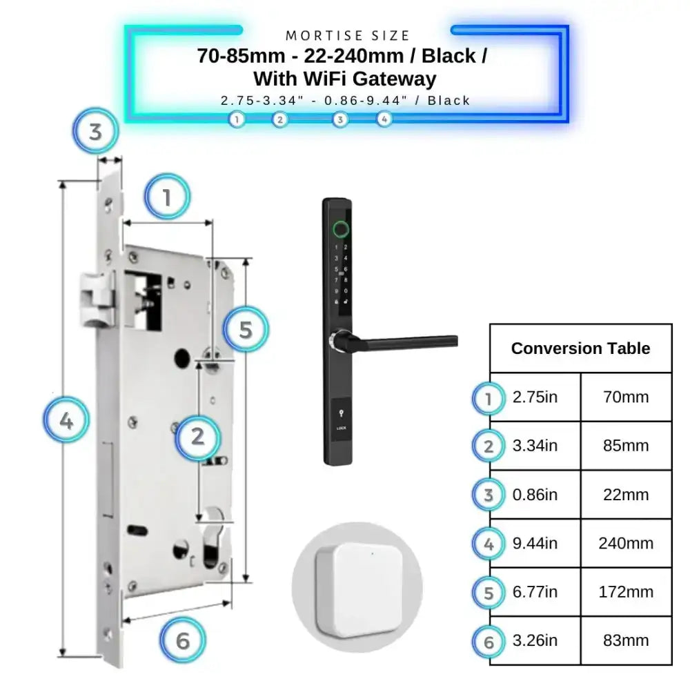 Sliding Door Smart Door Lock - 70-85mm (22x240mm) / Black / With WiFi Gateway - Smart Lock