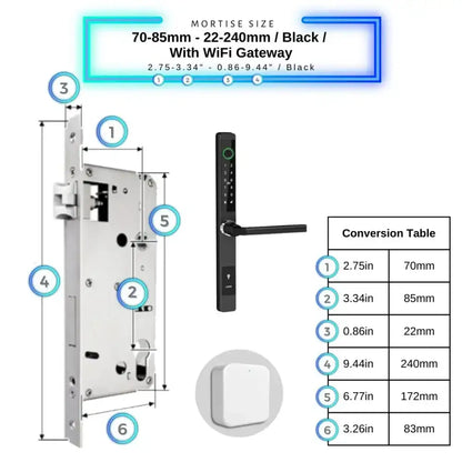 Sliding Door Smart Door Lock - 70-85mm (22x240mm) / Black / With WiFi Gateway - Smart Lock