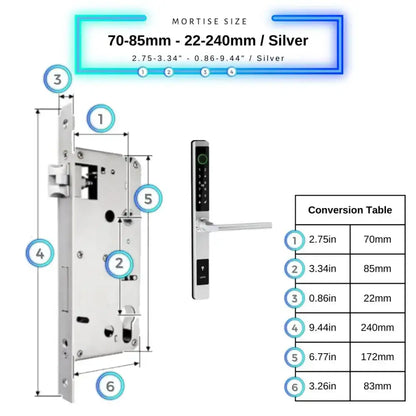 Sliding Door Smart Door Lock - 70-85mm (22x240mm) / Silver / No WiFi Gateway - Smart Lock