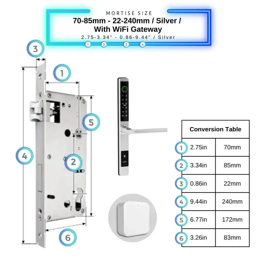 Sliding Door Smart Door Lock - 70-85mm (22x240mm) / Silver / With WiFi Gateway - Smart Lock