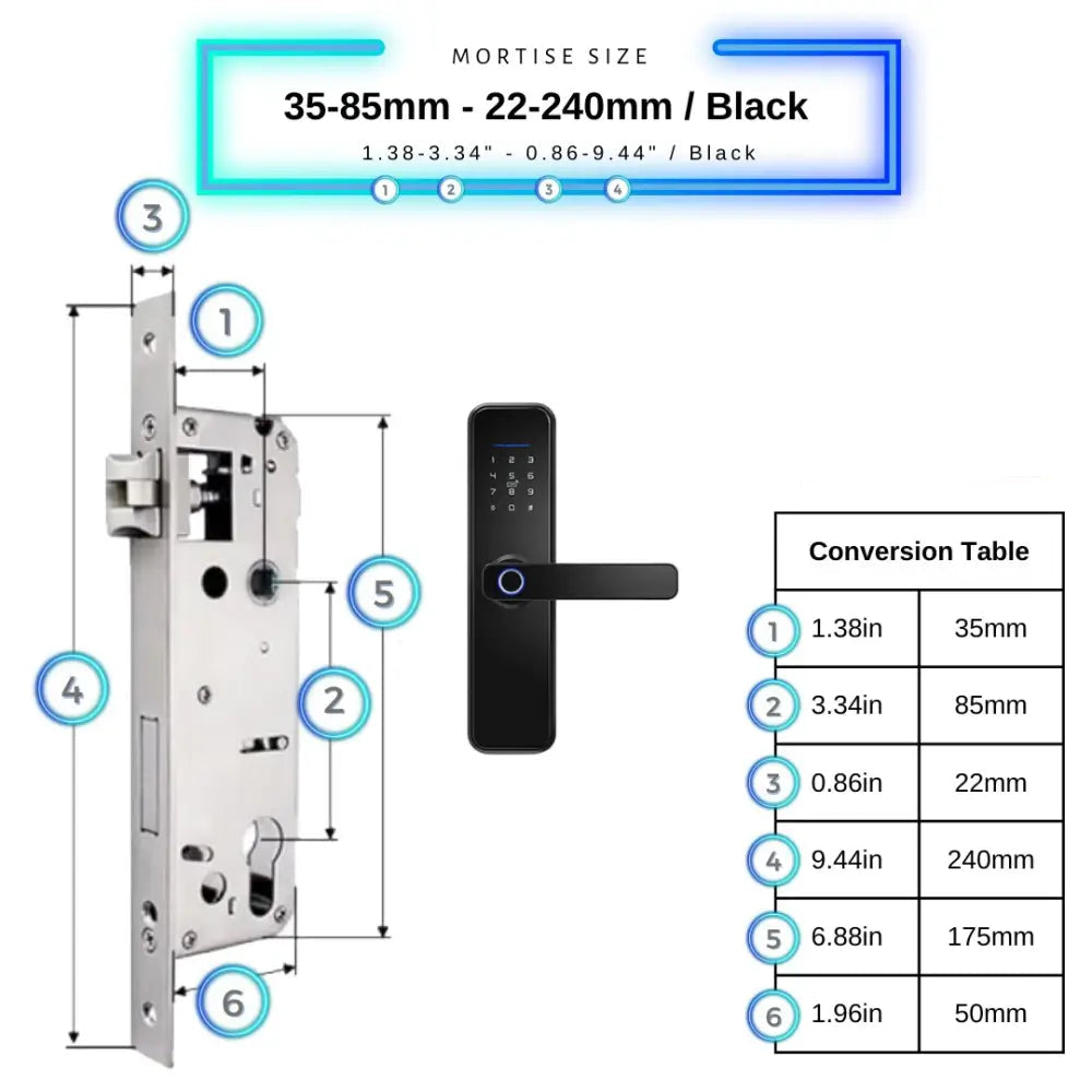 Smart Door Lock - 35-85mm (22x240mm) / Black - Smart Wi-Fi Door Lock