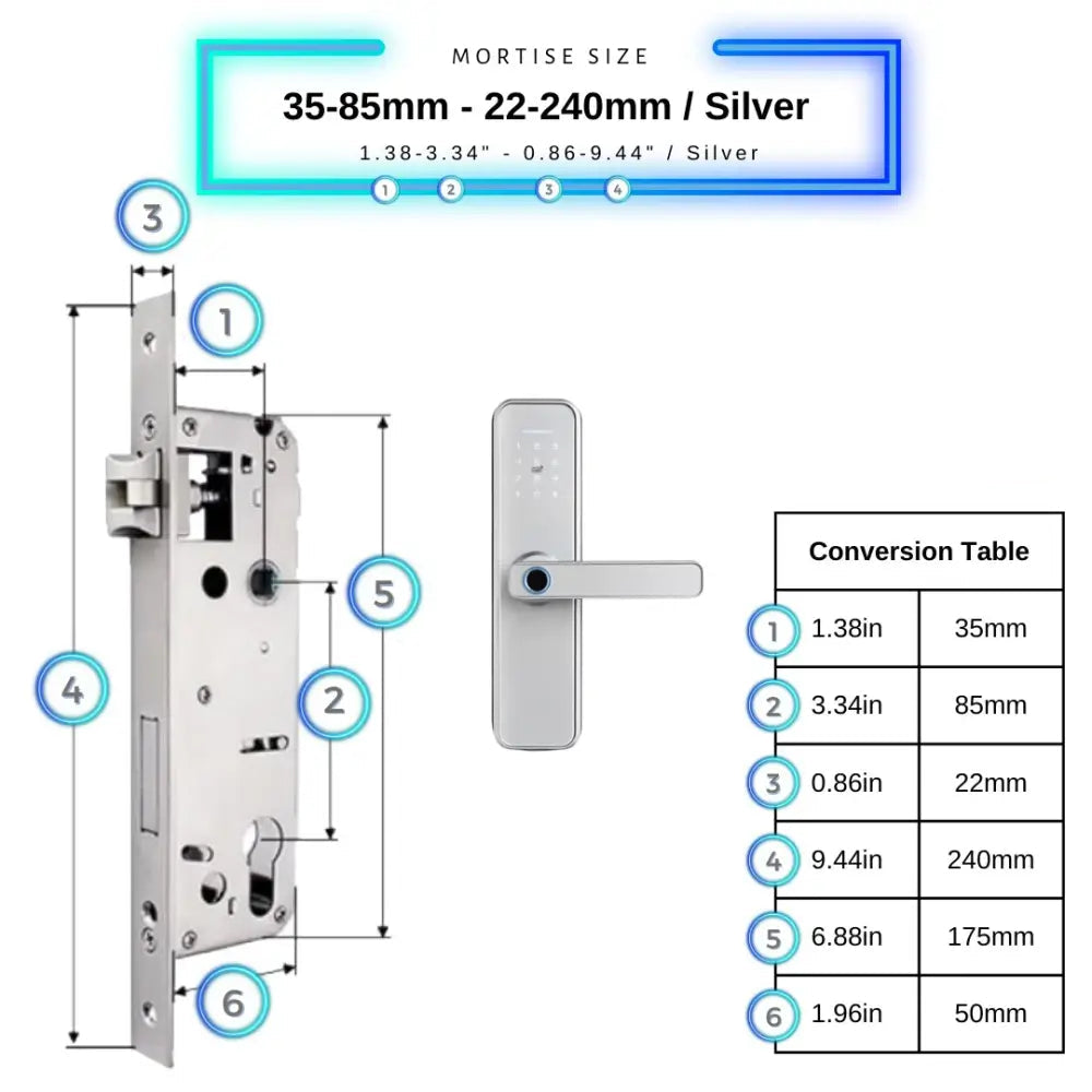Smart Door Lock - 35-85mm (22x240mm) / Silver - Smart Wi-Fi Door Lock