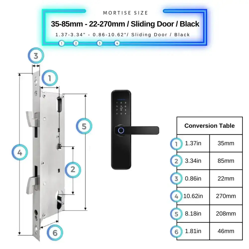 Smart Door Lock - 35-85mm (22x270mm) Sliding Door / Black - Smart Wi-Fi Door Lock