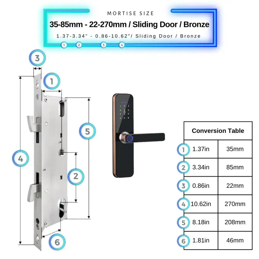 Smart Door Lock - 35-85mm (22x270mm) Sliding Door / Bronze - Smart Wi-Fi Door Lock