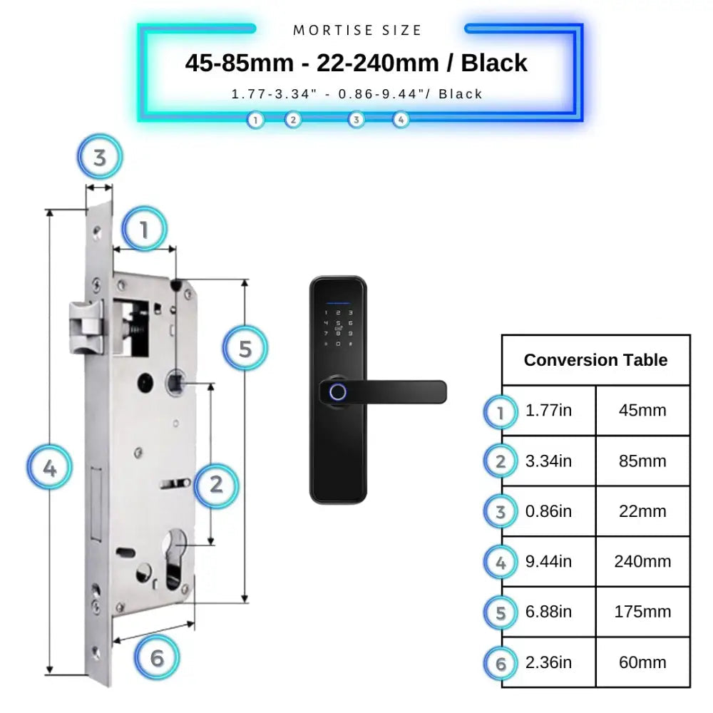 Smart Door Lock - 45-85mm (22x240mm) / Black - Smart Wi-Fi Door Lock