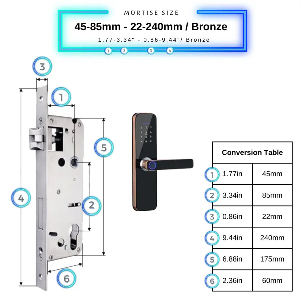 Smart Door Lock - 45-85mm (22x240mm) / Bronze - Smart Wi-Fi Door Lock