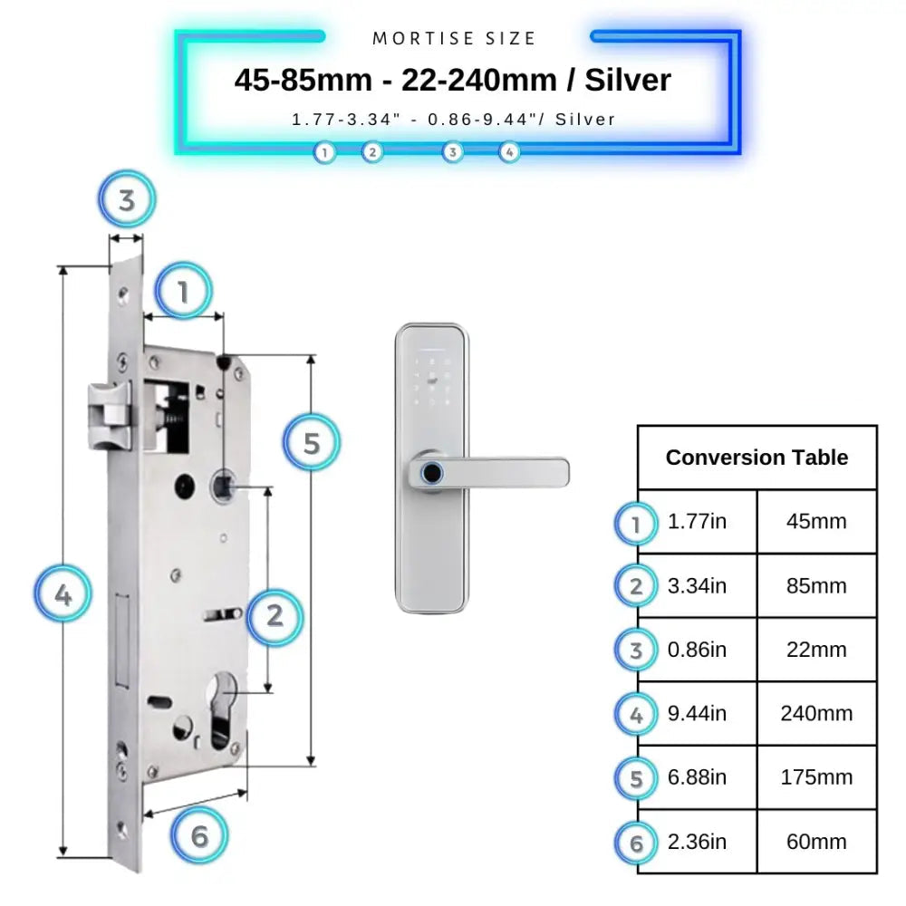 Smart Door Lock - 45-85mm (22x240mm) / Silver - Smart Wi-Fi Door Lock